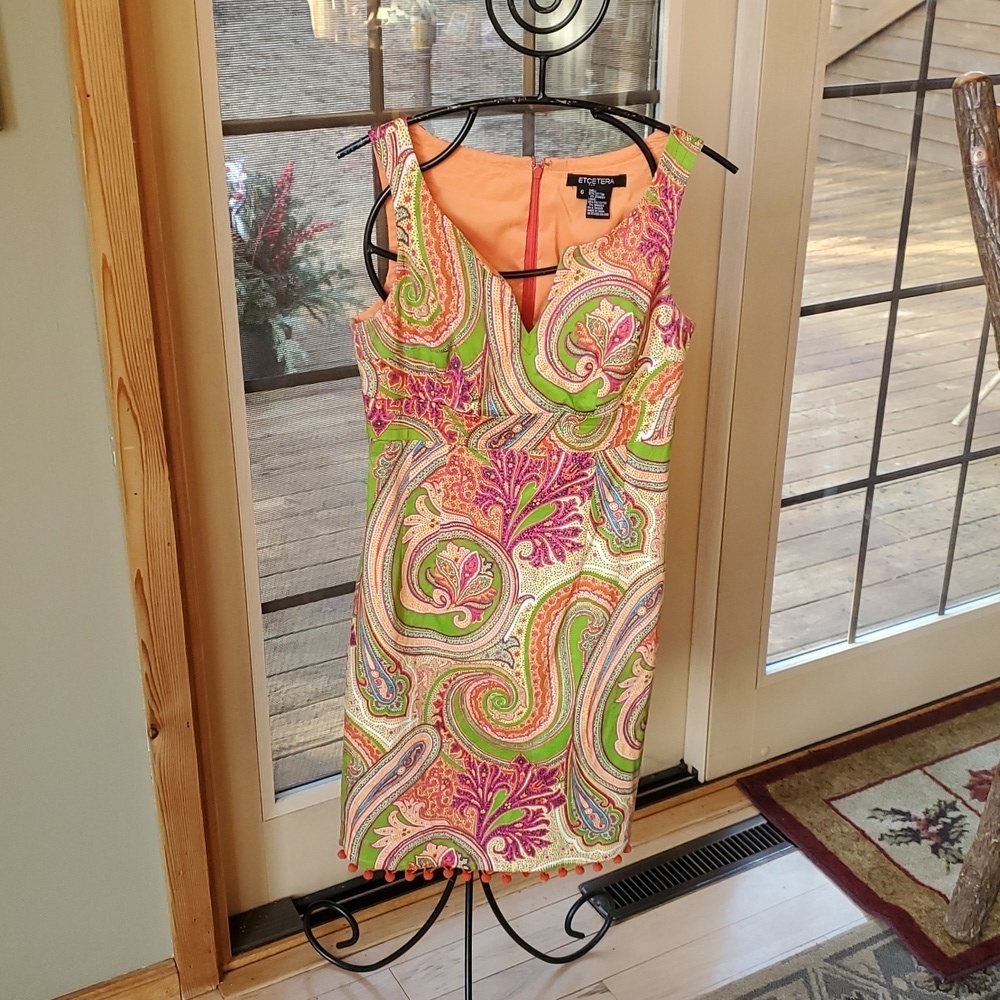 Etcetera Women's Sz. 6 Bright Paisley Midi Length Pom Pom Trim Sheath Dress